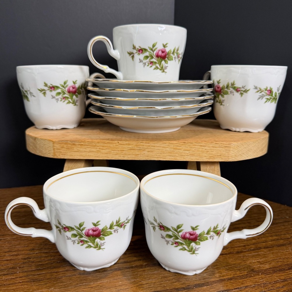 Johann Haviland Moss Rose Tea Cups & Saucers Set of 5 Fine China Gold Trim
